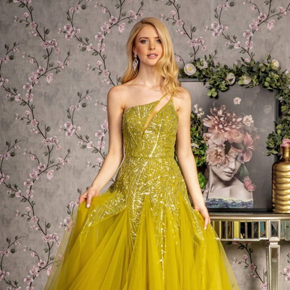 NEW FORMAL ONE SHOULDER SLEEVELESS MESH GOWN EMBROIDERED WITH SEQUINS GL3281 - Picture 3 of 12